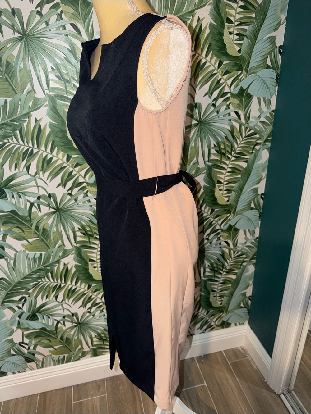 BCBGMaxAzria Black Midi Dress with Blush Side Panels - Picture 5 of 7
